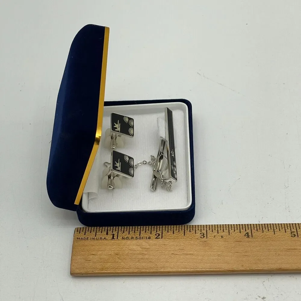 Retro Vintage Cuff Links & Tie Clip Set Silver with 24K Gold Inlay